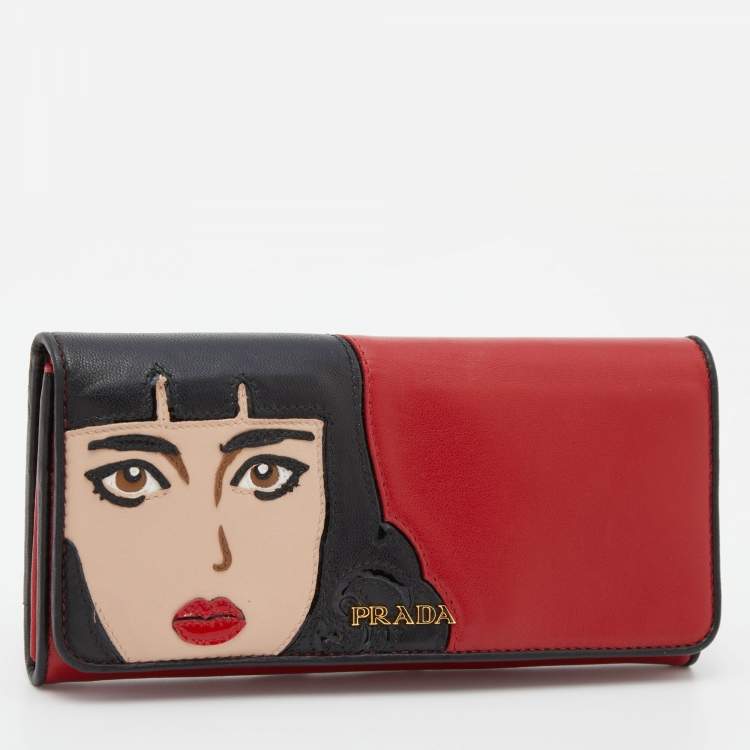 Pre Owned Prada Red/Black Leather Graphic Print Flap Continental Wallet