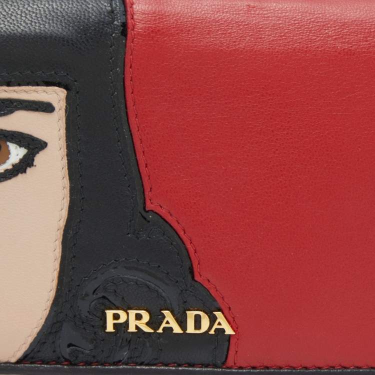 Pre Owned Prada Red/Black Leather Graphic Print Flap Continental Wallet