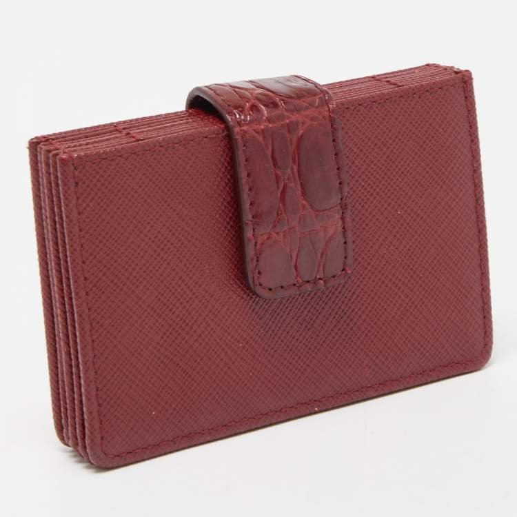 Pre Owned Prada Burgundy Saffiano Leather and Croccodile 5 Gussets Card Case
