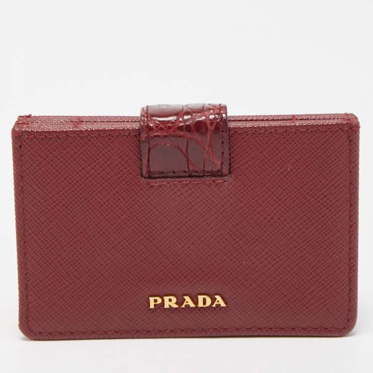 Pre Owned Prada Burgundy Saffiano Leather and Croccodile 5 Gussets Card Case