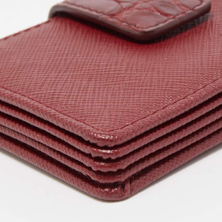 Pre Owned Prada Burgundy Saffiano Leather and Croccodile 5 Gussets Card Case