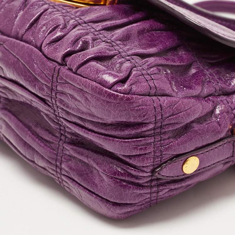 Pre Owned Prada Purple Matelasse Leather Pushlock Flap Top Handle Bag