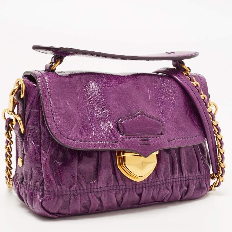 Pre Owned Prada Purple Matelasse Leather Pushlock Flap Top Handle Bag