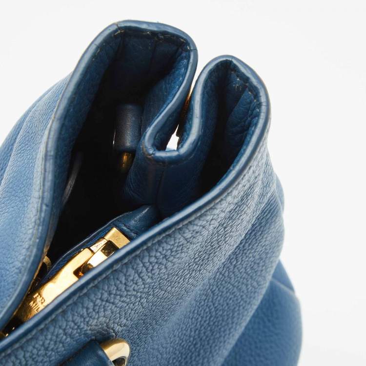 Pre Owned Prada Blue Vitello Daino Leather Medium Tote