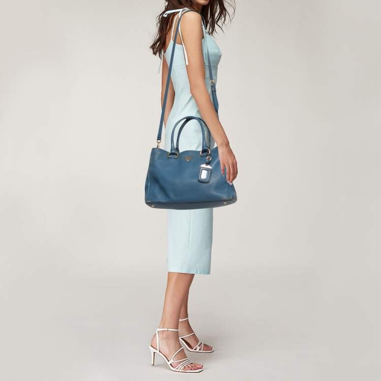 Pre Owned Prada Blue Vitello Daino Leather Medium Tote