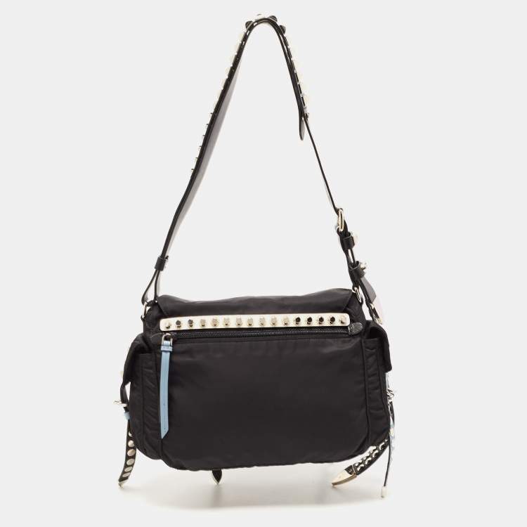 Pre Owned Prada Black/Blue Nylon and Leather New Vela Studded Messenger Bag