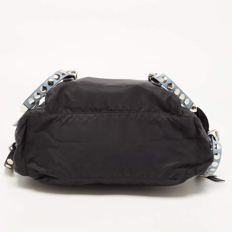 Pre Owned Prada Black/Blue Nylon and Leather New Vela Studded Messenger Bag
