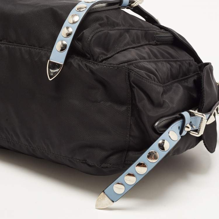 Pre Owned Prada Black/Blue Nylon and Leather New Vela Studded Messenger Bag