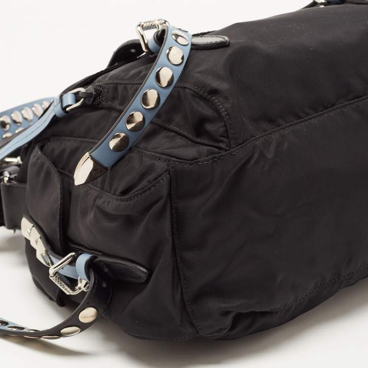 Pre Owned Prada Black/Blue Nylon and Leather New Vela Studded Messenger Bag