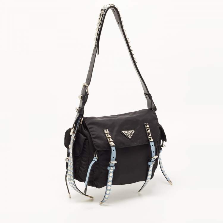 Pre Owned Prada Black/Blue Nylon and Leather New Vela Studded Messenger Bag