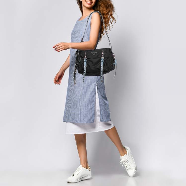 Prada Black/Blue Nylon and Leather New Vela Studded Messenger Bag