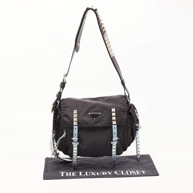 Pre Owned Prada Black/Blue Nylon and Leather New Vela Studded Messenger Bag
