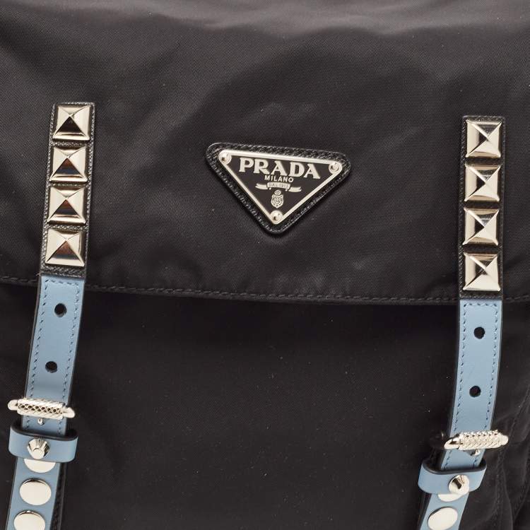 Pre Owned Prada Black/Blue Nylon and Leather New Vela Studded Messenger Bag