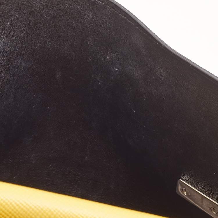 Pre Owned Prada Yellow Saffiano Cuir Leather Double Turn Lock Top Handle Bag