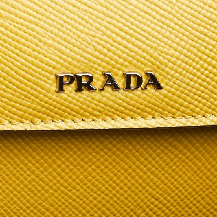 Pre Owned Prada Yellow Saffiano Cuir Leather Double Turn Lock Top Handle Bag