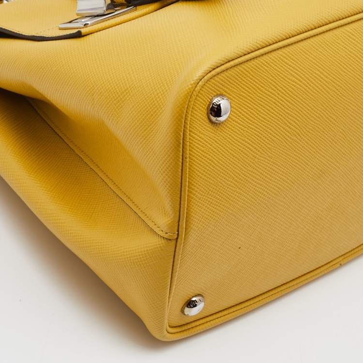 Pre Owned Prada Yellow Saffiano Cuir Leather Double Turn Lock Top Handle Bag