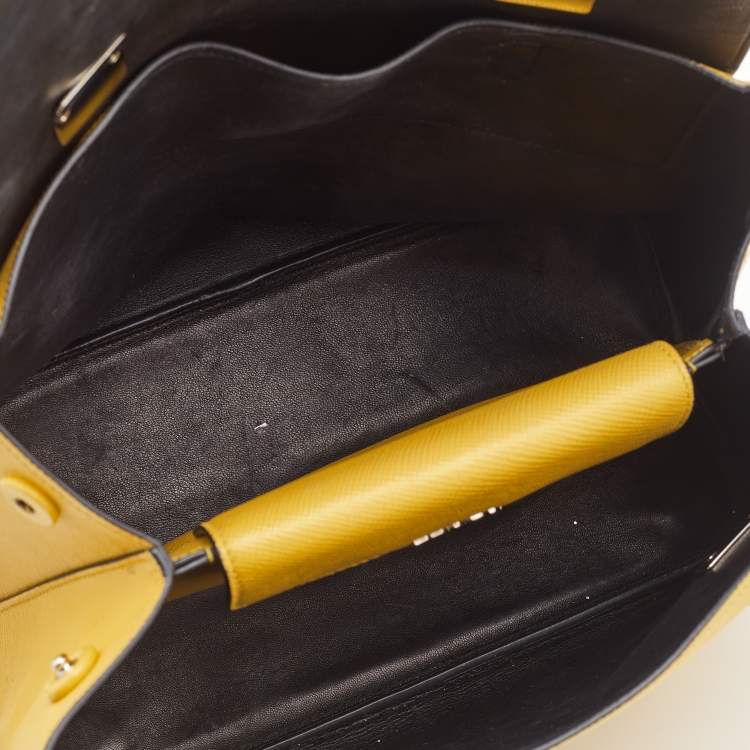 Pre Owned Prada Yellow Saffiano Cuir Leather Double Turn Lock Top Handle Bag