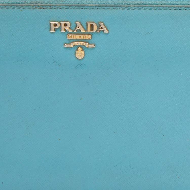 Pre Owned Prada Blue Saffiano Lux Leather Zip Around Wallet