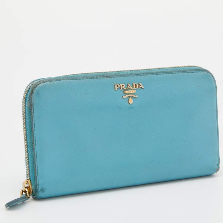 Pre Owned Prada Blue Saffiano Lux Leather Zip Around Wallet
