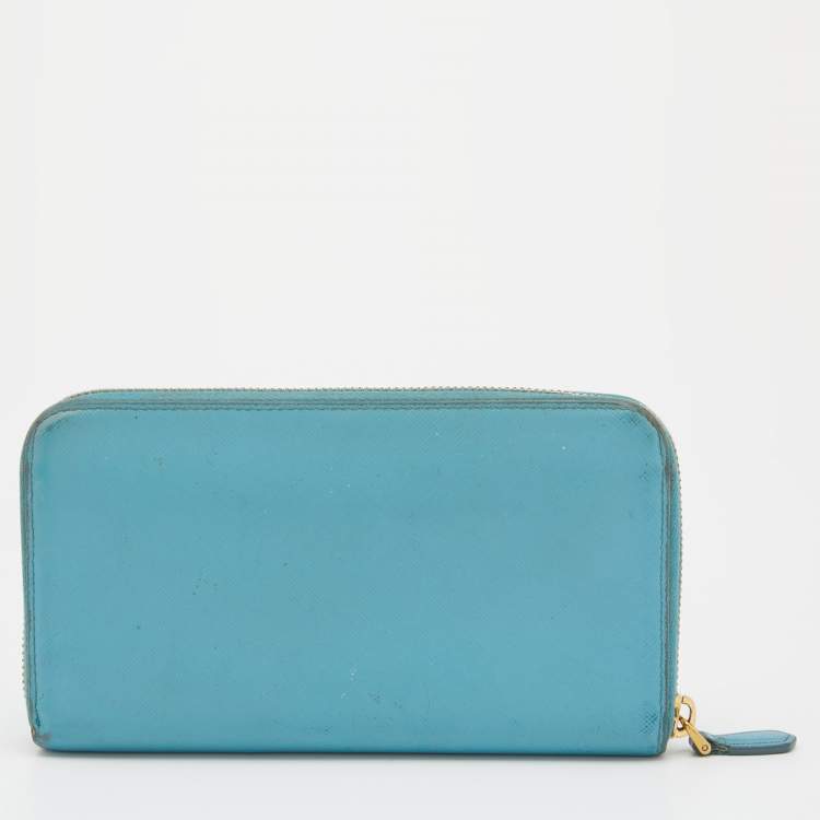 Pre Owned Prada Blue Saffiano Lux Leather Zip Around Wallet