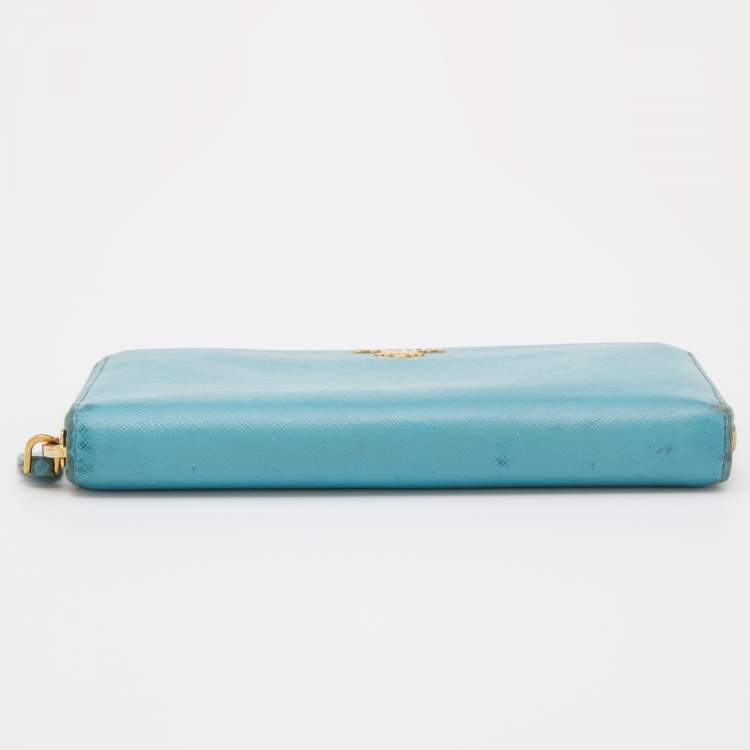 Pre Owned Prada Blue Saffiano Lux Leather Zip Around Wallet