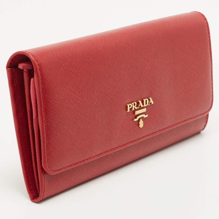Pre Owned Prada Red Saffiano Metal Leather Logo Flap Continental Wallet
