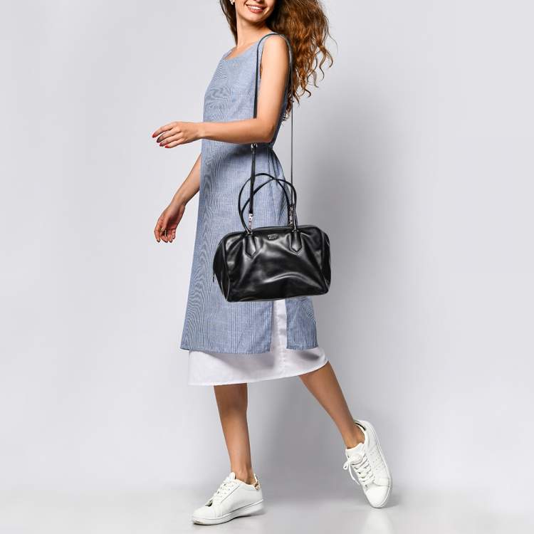 Genuine Prada Leather Nylon Tote Handbag Business Mini Boston Bag Black  Off-Whi