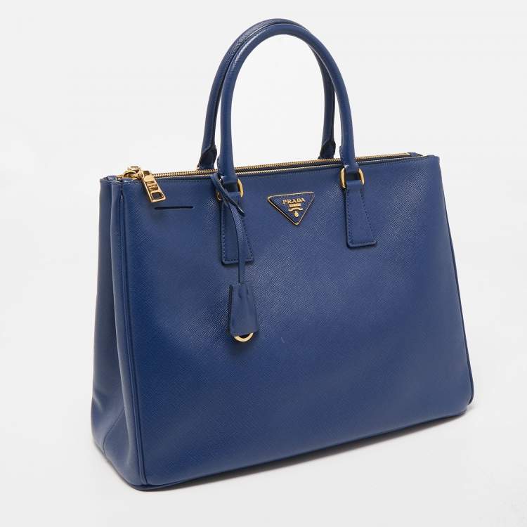 Pre Owned Prada Blue  Saffiano Lux Leather Large Double Zip Tote