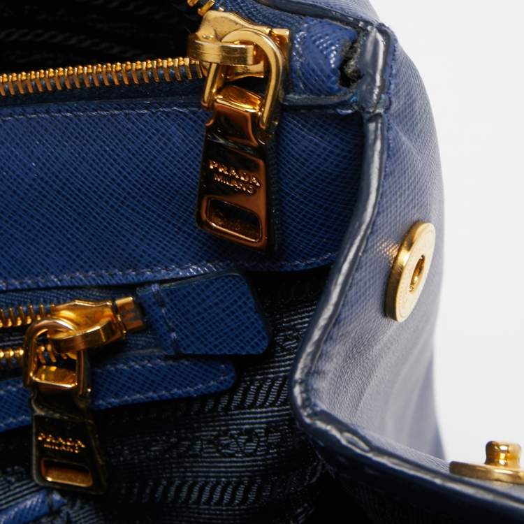 Pre Owned Prada Blue  Saffiano Lux Leather Large Double Zip Tote
