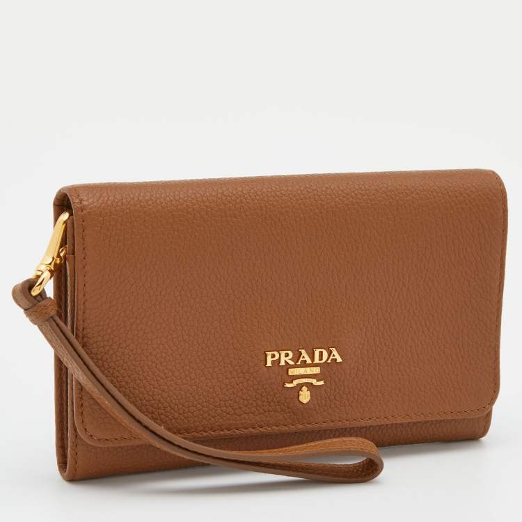 Pre Owned Prada Tan Leather Flap Wristlet Wallet