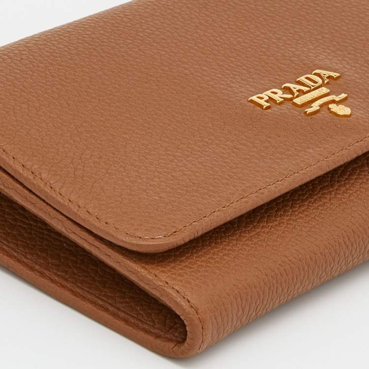 Pre Owned Prada Tan Leather Flap Wristlet Wallet