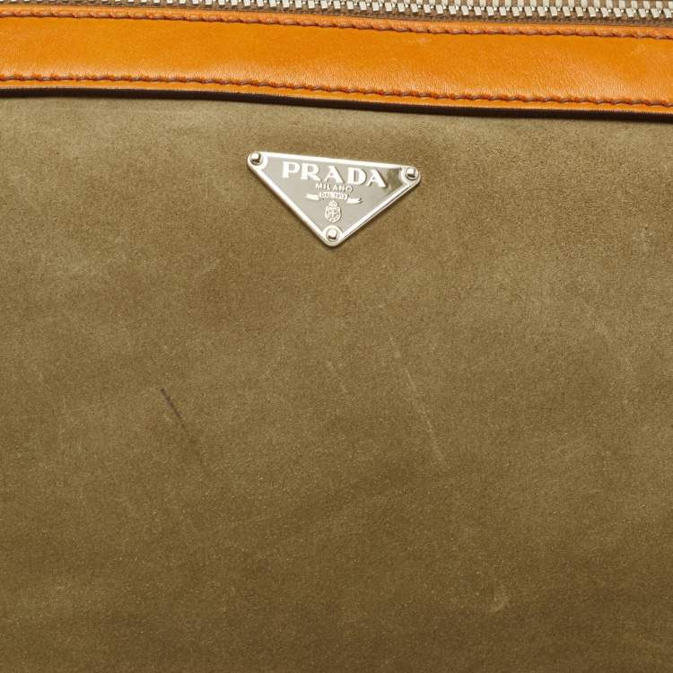 Pre Owned Prada Orange/Olive Green Suede and Leather Duffel Bag