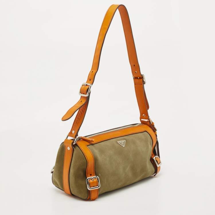 Pre Owned Prada Orange/Olive Green Suede and Leather Duffel Bag
