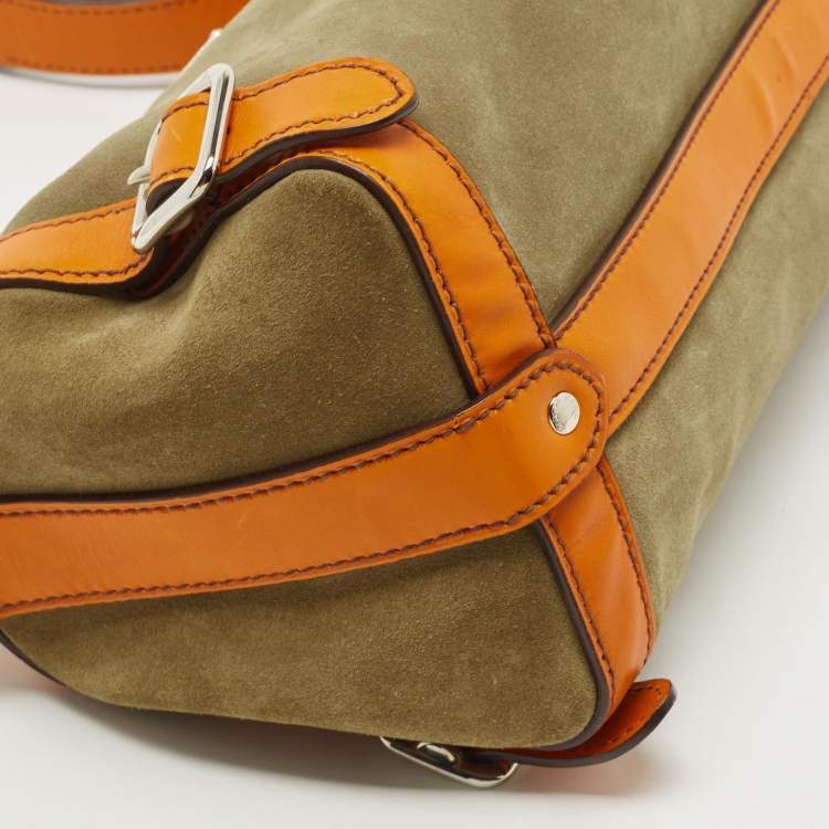 Pre Owned Prada Orange/Olive Green Suede and Leather Duffel Bag