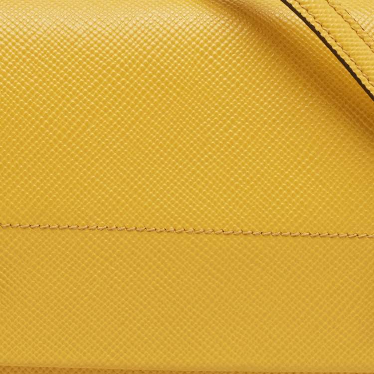 Pre Owned Prada Yellow Saffiano Leather Double Turn Lock Chain Shoulder Bag
