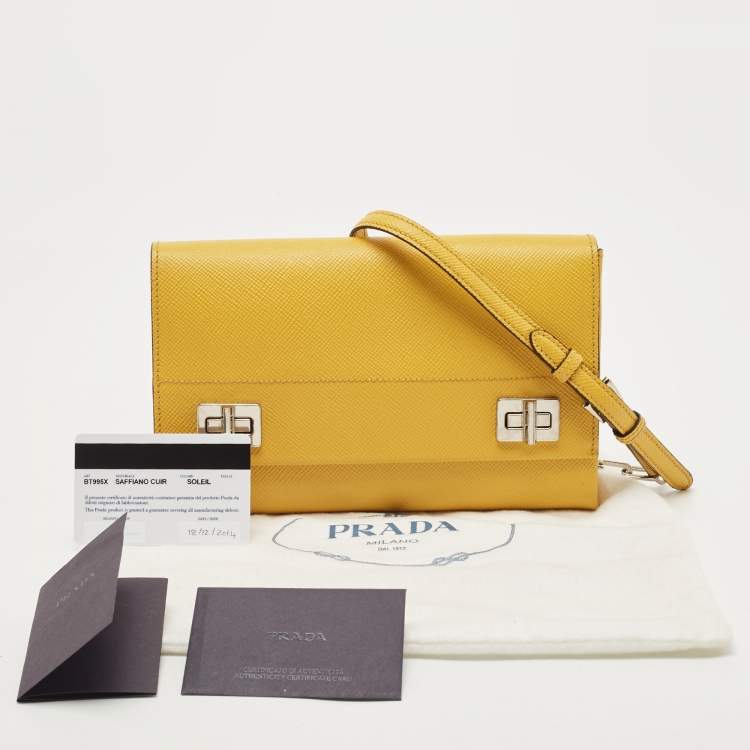 Pre Owned Prada Yellow Saffiano Leather Double Turn Lock Chain Shoulder Bag