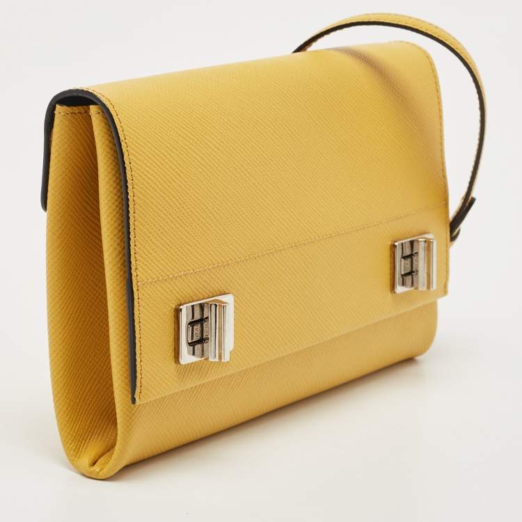 Pre Owned Prada Yellow Saffiano Leather Double Turn Lock Chain Shoulder Bag