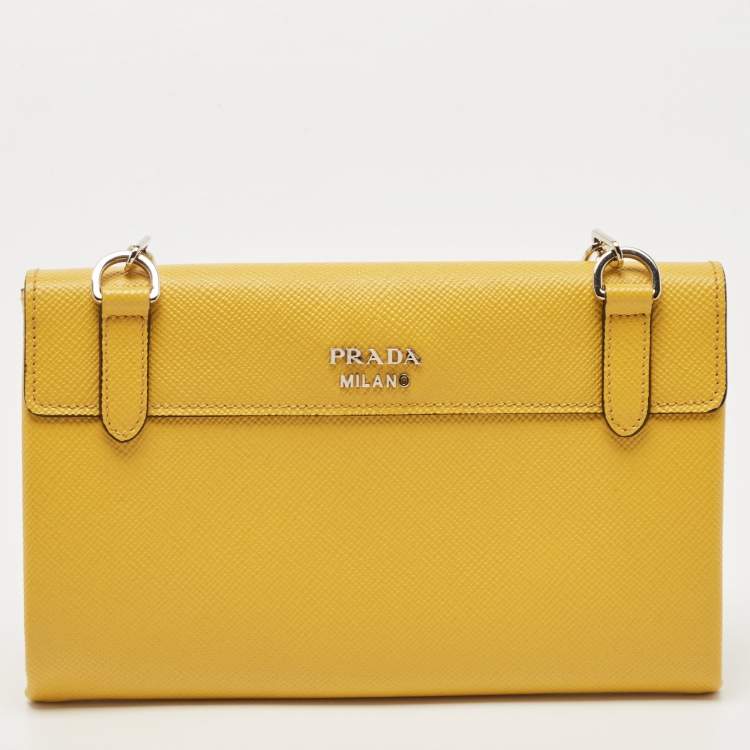 Pre Owned Prada Yellow Saffiano Leather Double Turn Lock Chain Shoulder Bag