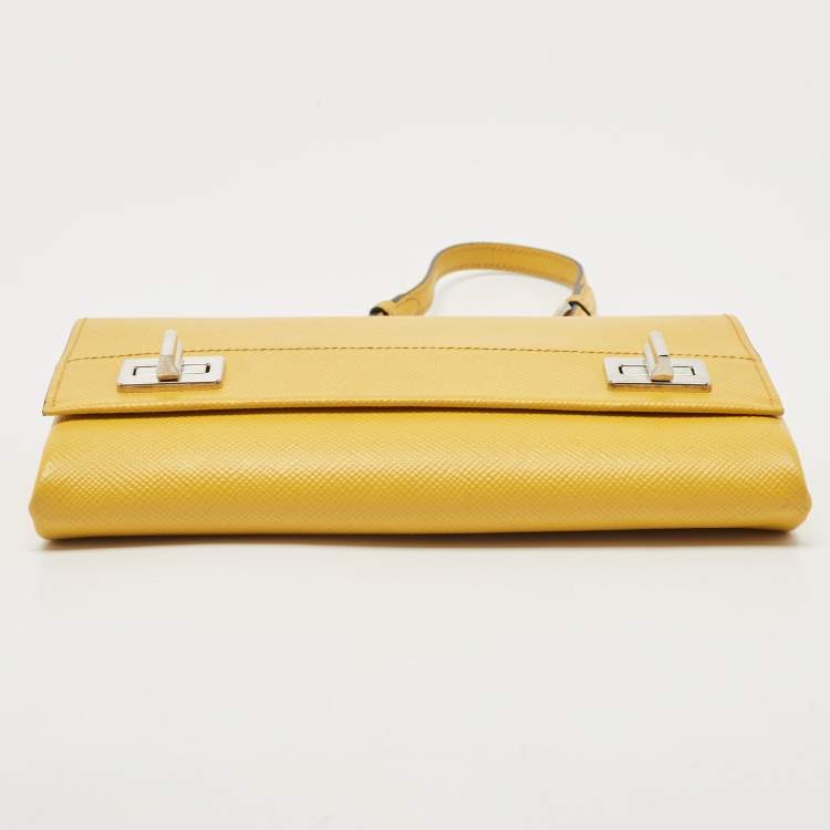 Pre Owned Prada Yellow Saffiano Leather Double Turn Lock Chain Shoulder Bag