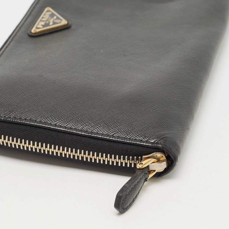 Pre Owned Prada Black Saffiano Leather Zip Around Clutch