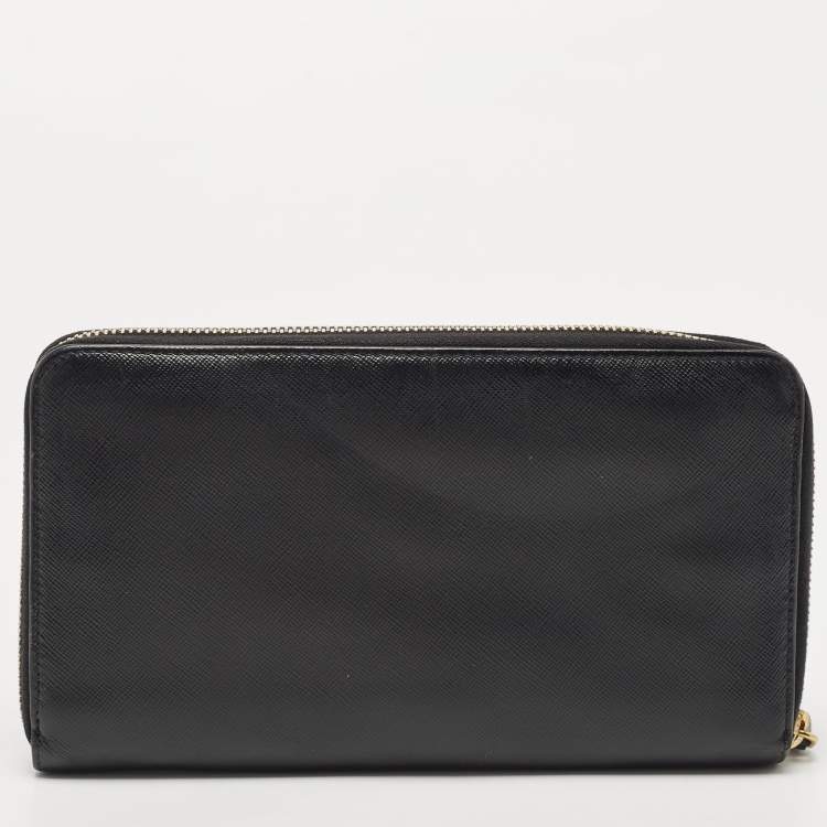 Pre Owned Prada Black Saffiano Leather Zip Around Clutch