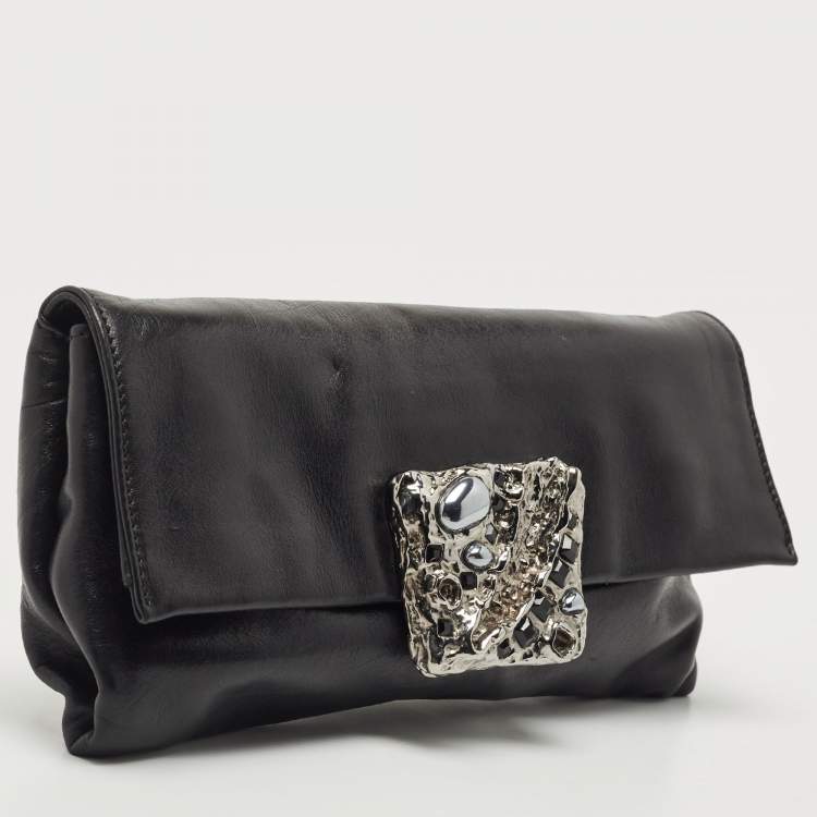 Pre Owned Prada Black Leather Vitello Mordo Flap Clutch