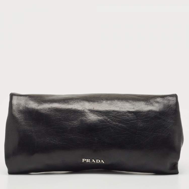Pre Owned Prada Black Leather Vitello Mordo Flap Clutch