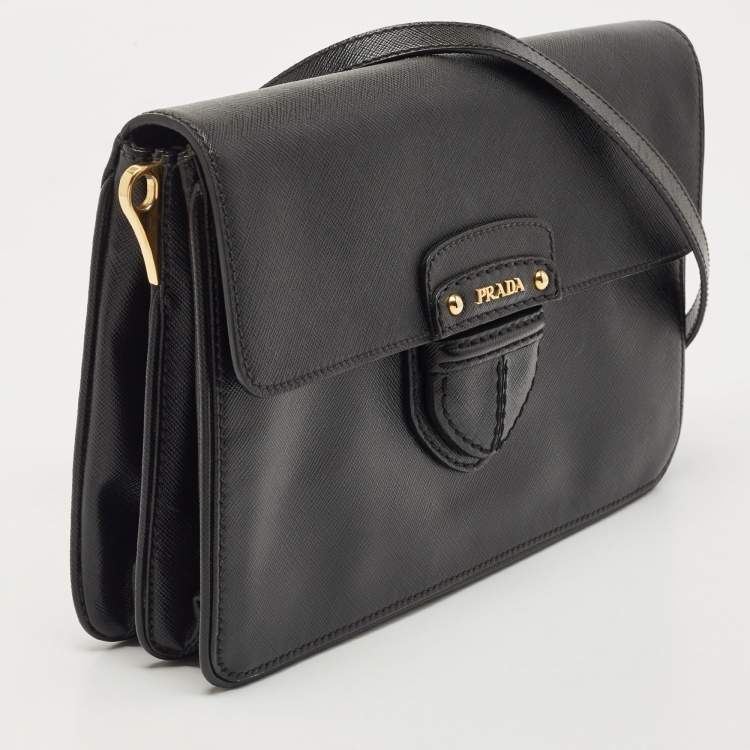 Pre Owned Prada Black Saffiano Leather Flap Shoulder Bag