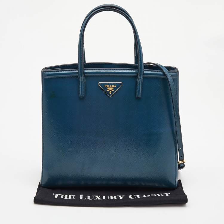 مملوكة مسبقًا Prada Teal Blue Saffiano Vernice Leather Parabole Tote