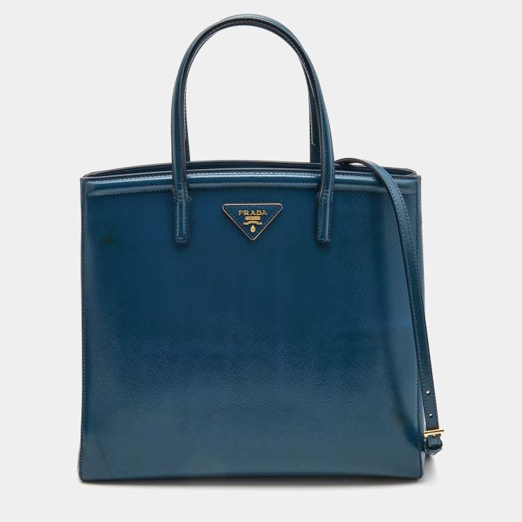 مملوكة مسبقًا Prada Teal Blue Saffiano Vernice Leather Parabole Tote