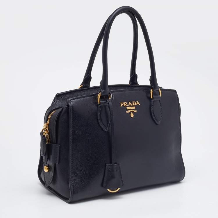 Pre Owned Prada Black Glazed Leather Zip Satchel