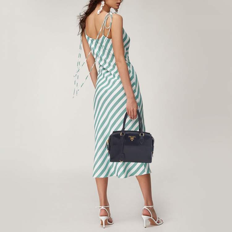 Pre Owned Prada Black Glazed Leather Zip Satchel