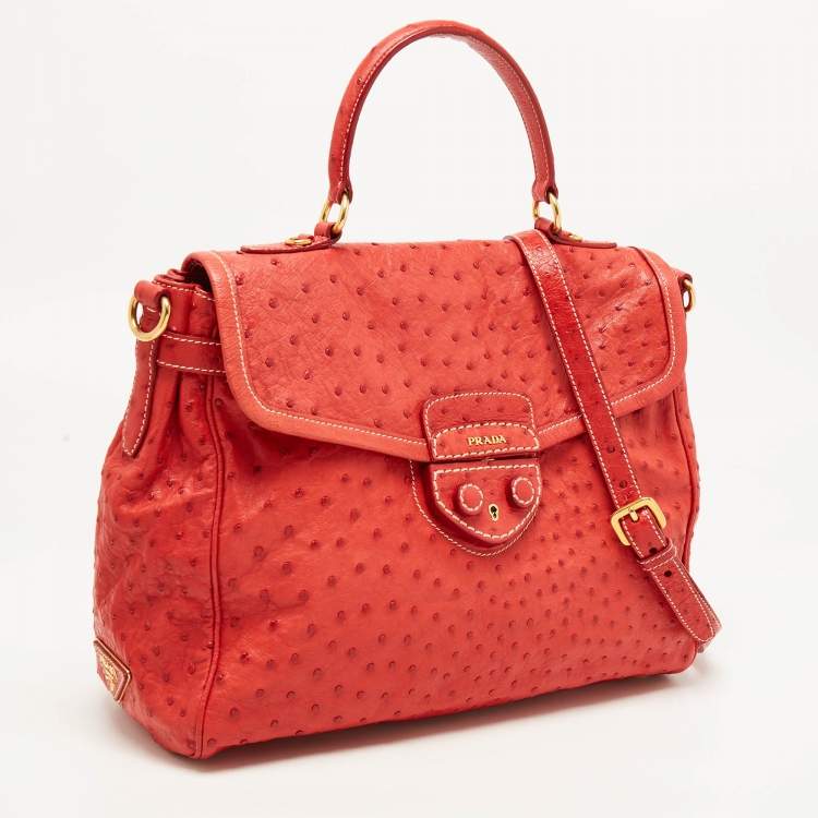 Pre Owned Prada Red Ostrich Pushlock Flap Top Handle Bag