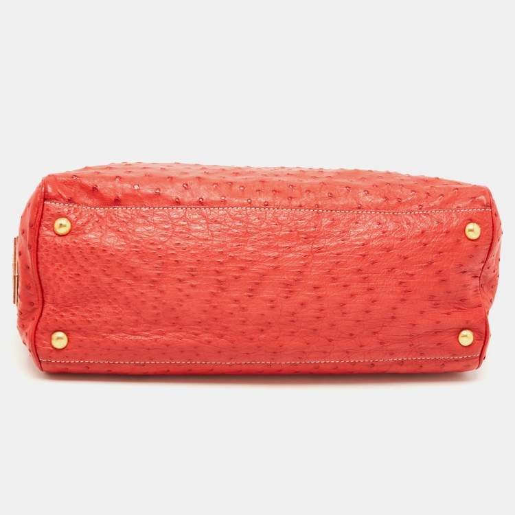 Pre Owned Prada Red Ostrich Pushlock Flap Top Handle Bag